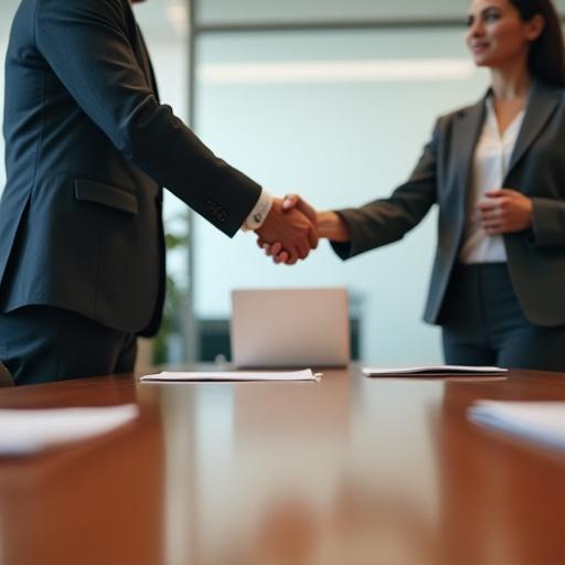 Two people shaking hands across a table
